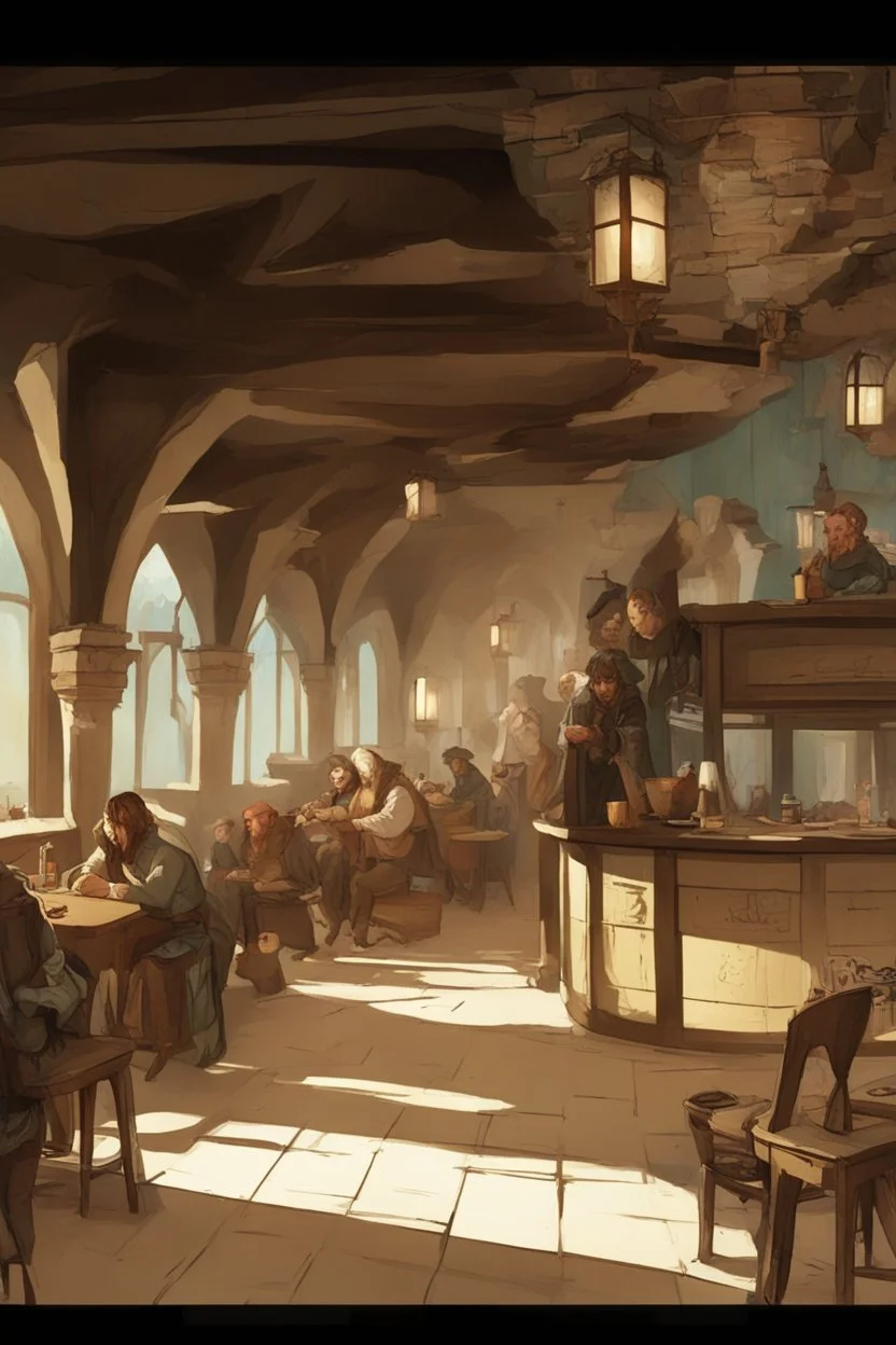 interior of a dnd tavern with people at round tables