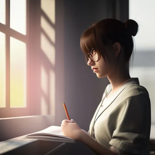 female student studying by the window, anime style, unreal engine 5, sun light, studio lighting --ar 1:1