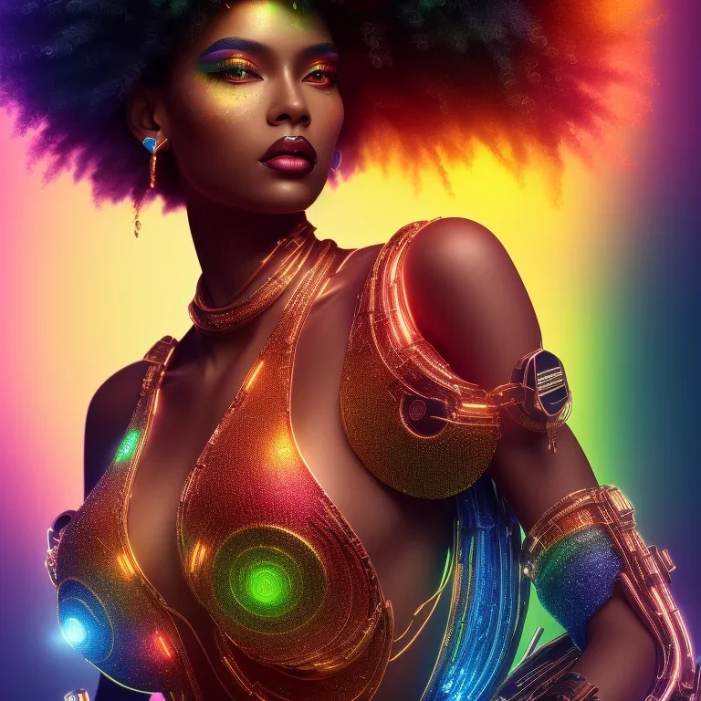 full body shot, masterpiece, best quality, family of three, black skinned, sparkling eyes, fluorescent skin, colorful makeup, soul , highly detailed body, afrofuturism, scifi, sun light, 4K, RAW, depth of field, high contrast, realistic details, 24mm