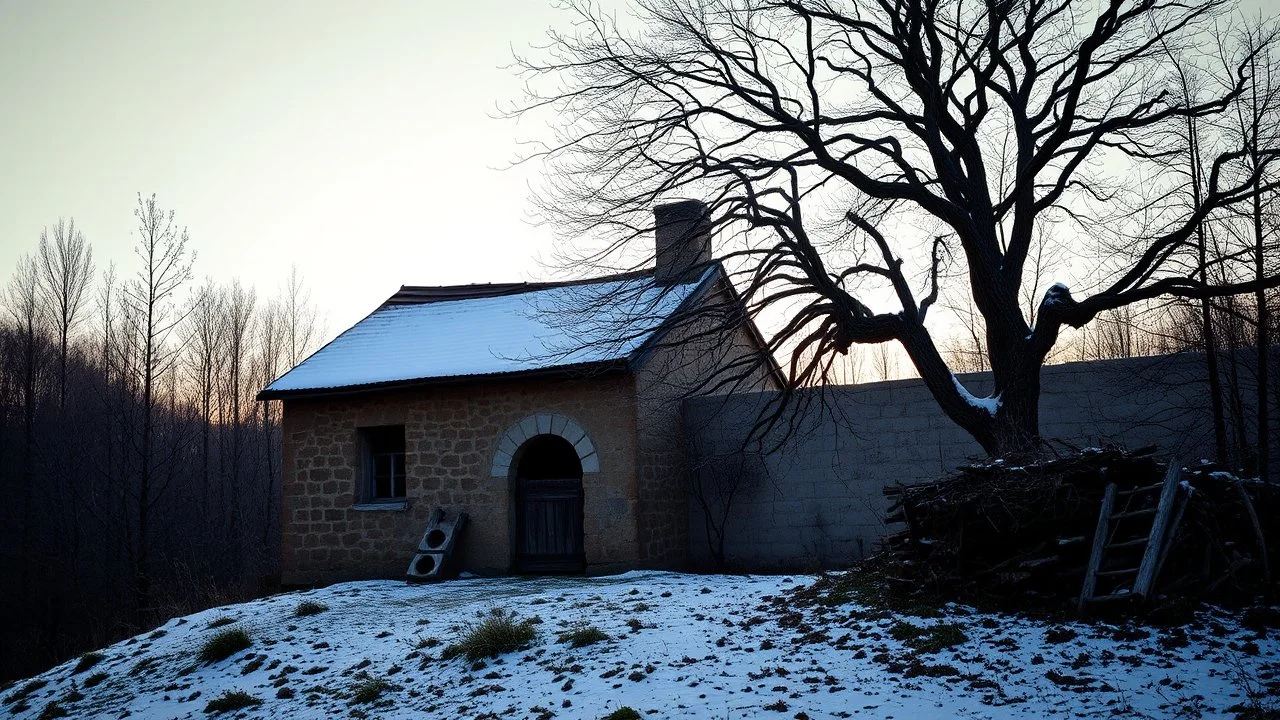 a lonely old adobe hut with a small window, a crumbling roof, an old chimney stands on a hill, next to it is a small woodshed by the wall, and an old withered tree leans over the hut, the hut stands on the edge of a European forest, winter, snowy landscape, low light, dawn, high detailed, sharp focus, high realistic, perfect photo