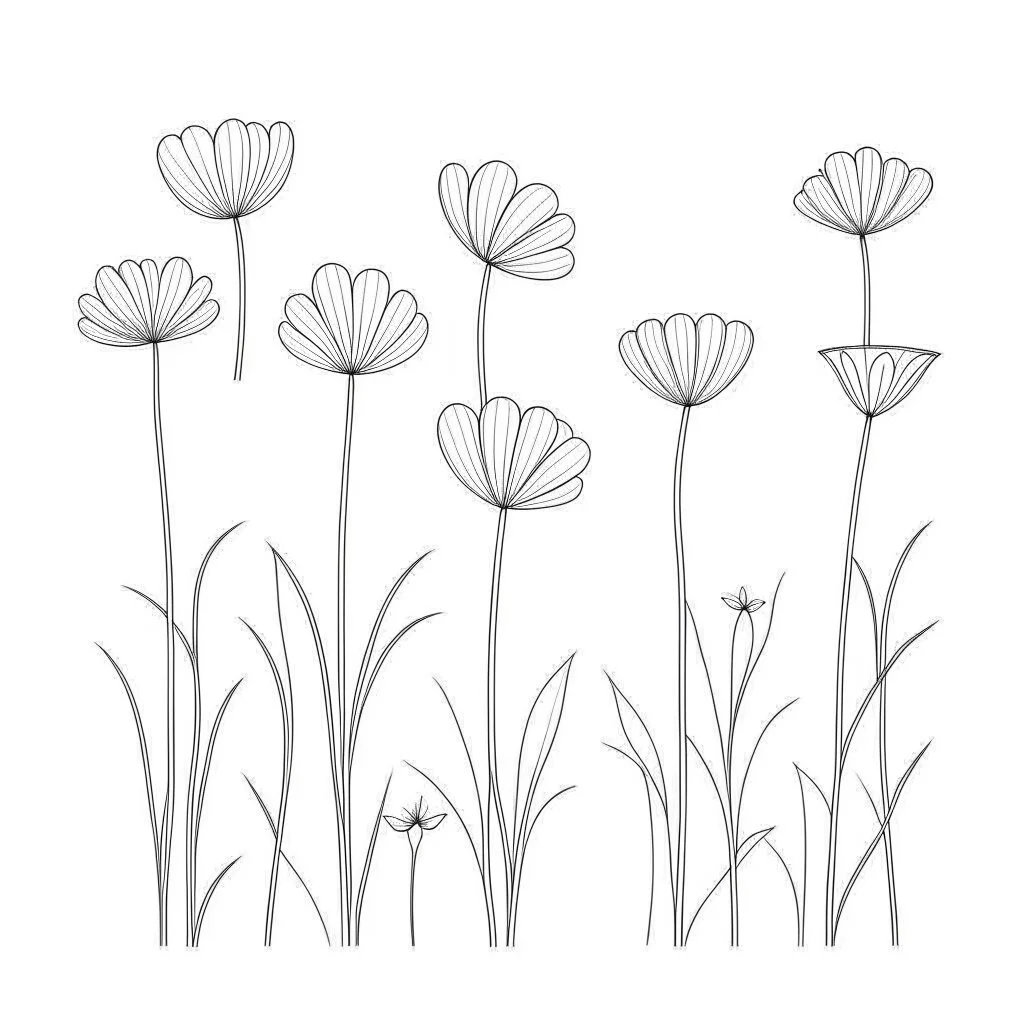 set of grow wind flower on the grace, SIMPLE ONE lineS art, white background, minimalis, different view, only white bakcground solid.