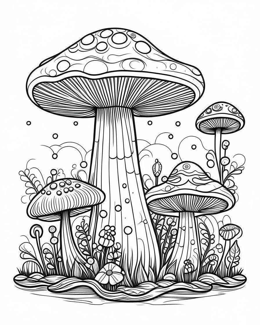 mushroom world minimalistic landscape. line art, background, vector, svg, coloring book page style, black outline on white background