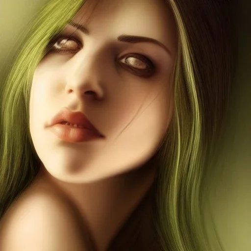 draw woman with Light-brown long hair, dark fantasy setting, ethereal, soft lighting, soft green eyes, medium cheeks, big forehead, wide chin, small nose, Portrait of mutant ,sexy, perfect composition, beautiful eyes