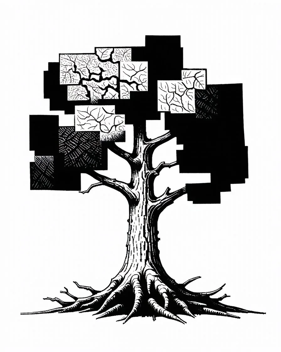 A primitive tree, composed of organic bark and leaf textures, fragmented into interlocking sections of varying magnification, from macro veins to distant silhouettes, fused with no visible boundaries. The abstract form features rough charcoal, angular limbs, and leaves, each section utilizing distinct hatching densities and mark systems. The style is a naive cubist and raw sketch with a continuous bleeding collage effect, rendered in high-contrast black on white, edged to edge within a square f
