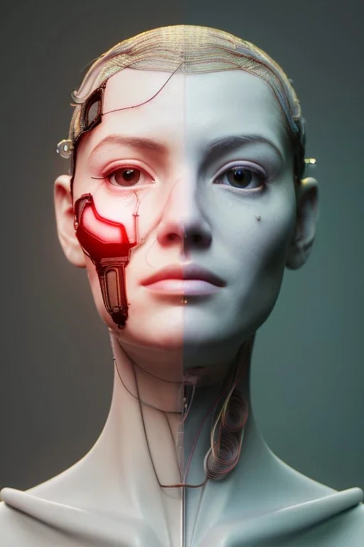 complex 3d render ultra detailed of a beautiful porcelain profile woman android face, cyborg, robotic parts, 150 mm, beautiful studio soft light, rim light, vibrant details, luxurious cyberpunk, lace, hyperrealistic, anatomical, facial muscles, cable electric wires, microchip, elegant, beautiful background, octane render, H.R. Giger style, 8k