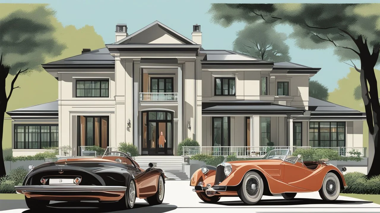 Architectural drawing of a luxurious modern country house, trees, people and cars, complementary colors