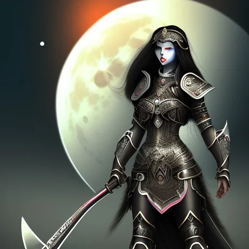 black hair lady warrior top with blade under the Moon