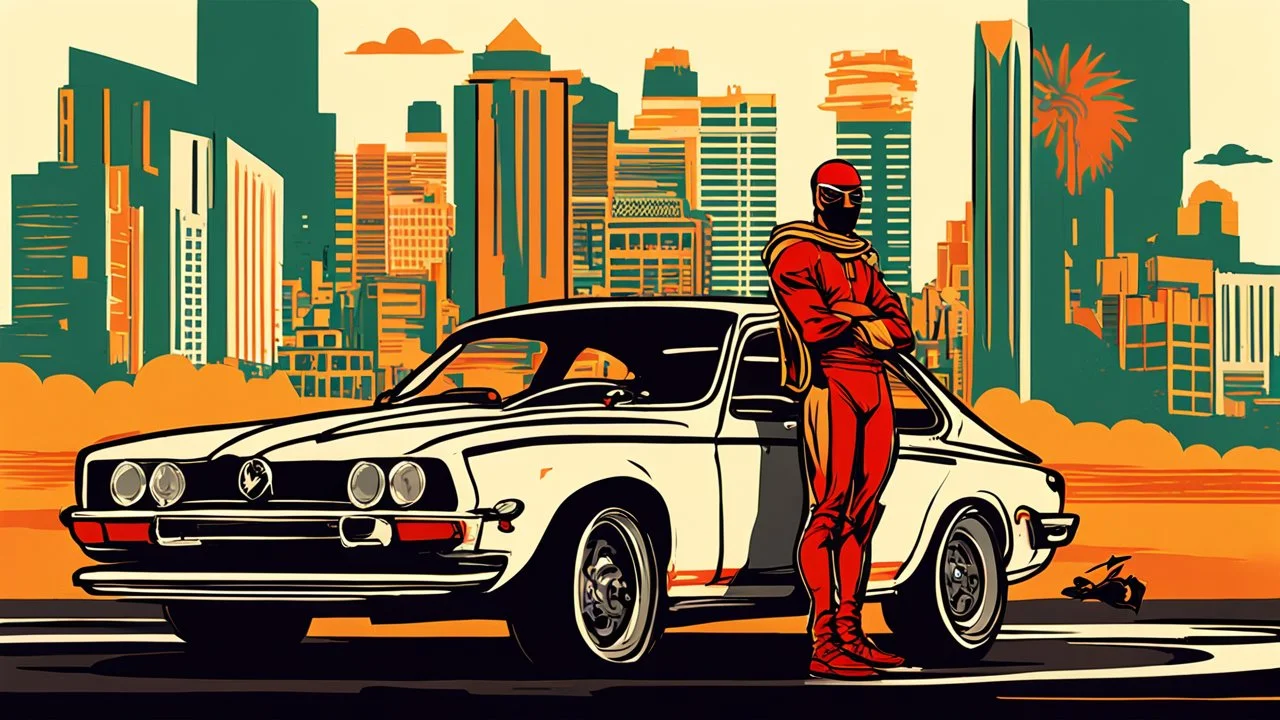 "I'm envisioning an electrifying poster for '<Achayo> Vintage Rally Racing: Unleash the Superhero Speed.' The backdrop should showcase an Ethiopian cityscape, setting the stage for an urban vintage rally. In the foreground, a stylish vintage rally car stands ready, capturing the charm of the past. Standing next to the car is an Ethiopian superhero, ready to unleash super speed, with dynamic poses that convey power and excitement. Use earthy tones for the city background, vibrant colors for the r