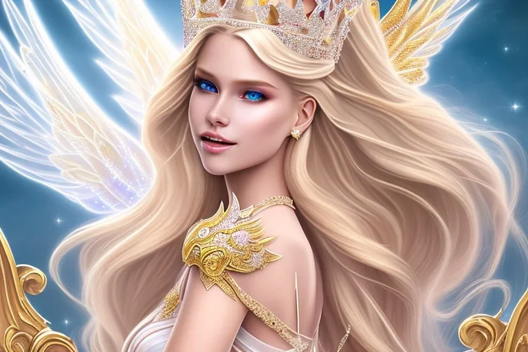 beautiful, very soft, smiling, very straight and long blonde hair, dewy and shiny vibe, diamond crown, long fairy wings in the back, full head, golden veil clothes, smiling, bachground light pink and blue