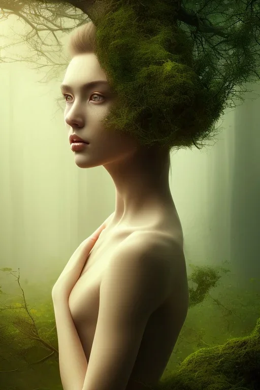 portrait photography of ethereal beauty, 8K, long oak tree roots, a woman's head, sunny, mist