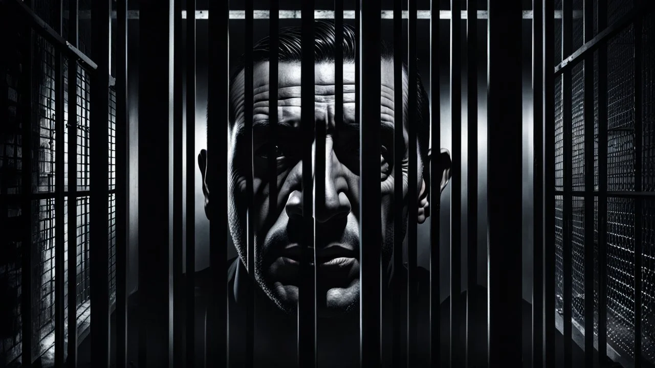 close up parallel prison bars in foreground, hidden human face partially visible through the window bars, dark prison cell behind him, vertical shadows in background, ultra realistic, dark atmosphere, high contrasts, cinematic