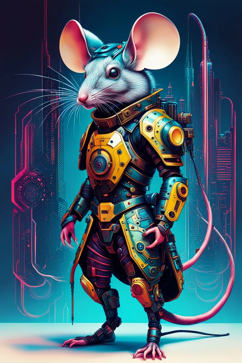 Ilustración lineal arte surrealista de un ratón con armadura cyberpunk, full body, hiperdetallada, increíble obra de arte, colores complementarios, maximalista