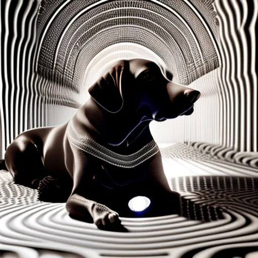 a black and white 3D image of a full body light brown labrador lying down, surreal and otherworldly, intricate linework, mind-bending composition, intricate patterns in the fur, specialy in the facemasterful use of light and shadow,masterful use of light and shadow,masterful use of light and shadow, dreamlike quality, detailed linework akin to Moebius, intricate details, vibrant and contrasting colors, Artstation for showcasing.