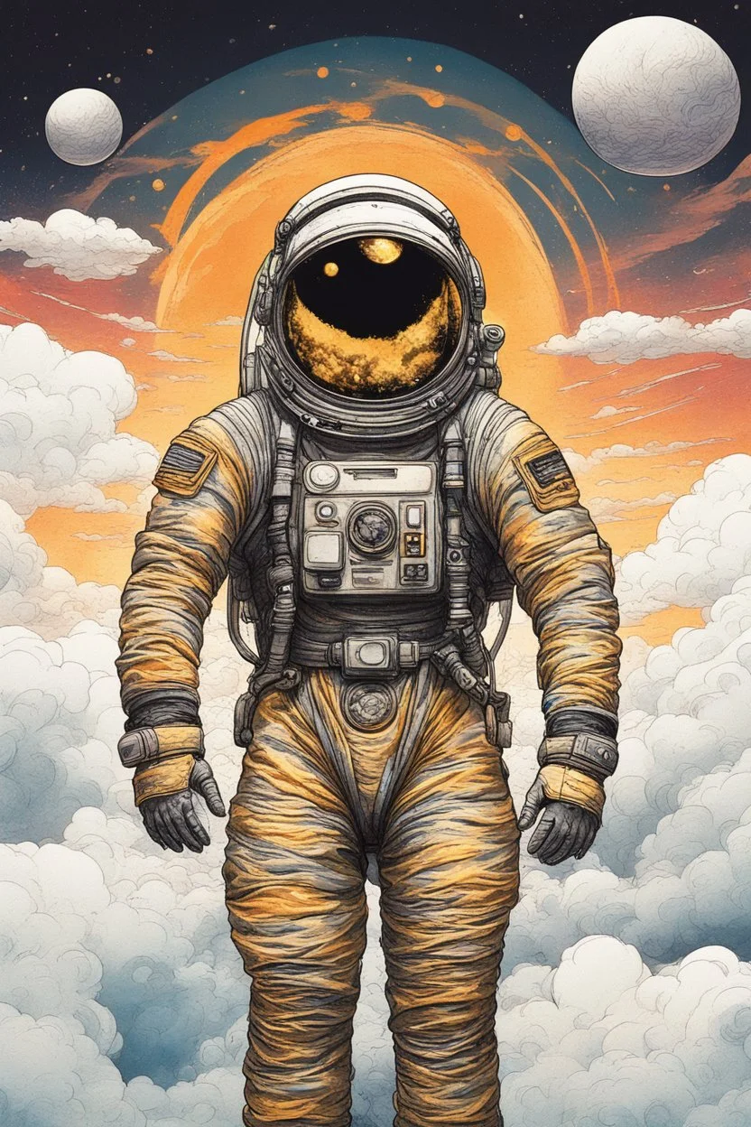 A detailed illustration muted chinese ink painting, magic cosmic colors, rice paper texture, digital paint, halo astronaut, one black and gold future portal in the sky. Venus. Space. Clouds wet to wet techniques. vibrant vector professional art. using Cinema 4D