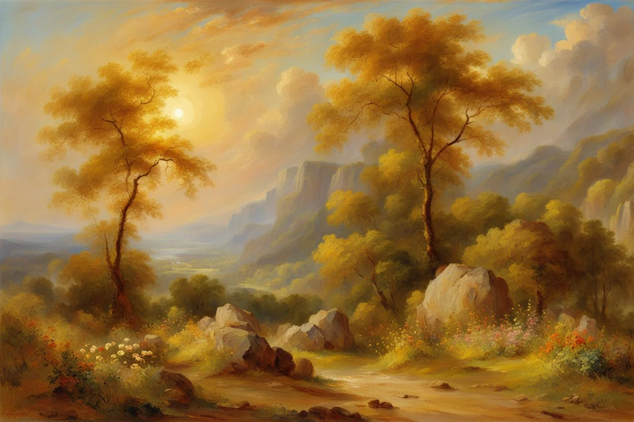 sunny day, clouds, rocks, trees, mountains, flowers, william turner paintings