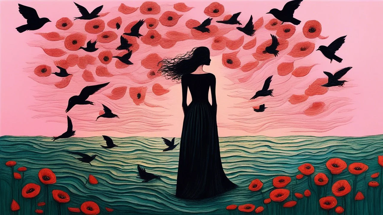 Impasto painting style.engraving, A giant flower wrapped around her body, seaweed bloomed and curled among the poppies. Her dress was deep black. A flock of black birds gathered above her head. The dawn sky was pink in color, golden green in the depths of the sea