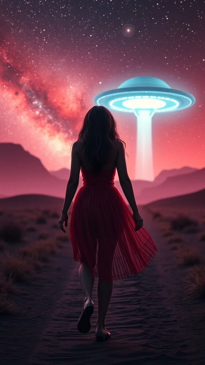 A beautiful girl walking with an alien both their hands on both shoulders from rear view , they are walking toward a ufo spacecraft that appears ilanding in a distance ,in romantic themes in the background is a vivid red sky stars and milky way galaxy and the lighting creates a dramatic and otherworldly atmosphere