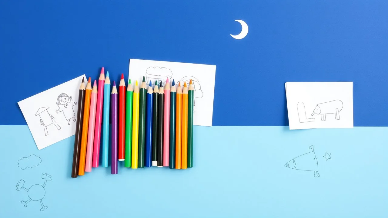 A bunch of colored pencils in the middle of the image and children's drawings on a light and dark blue background and a blue theme and a white crescent moon at the top of the image