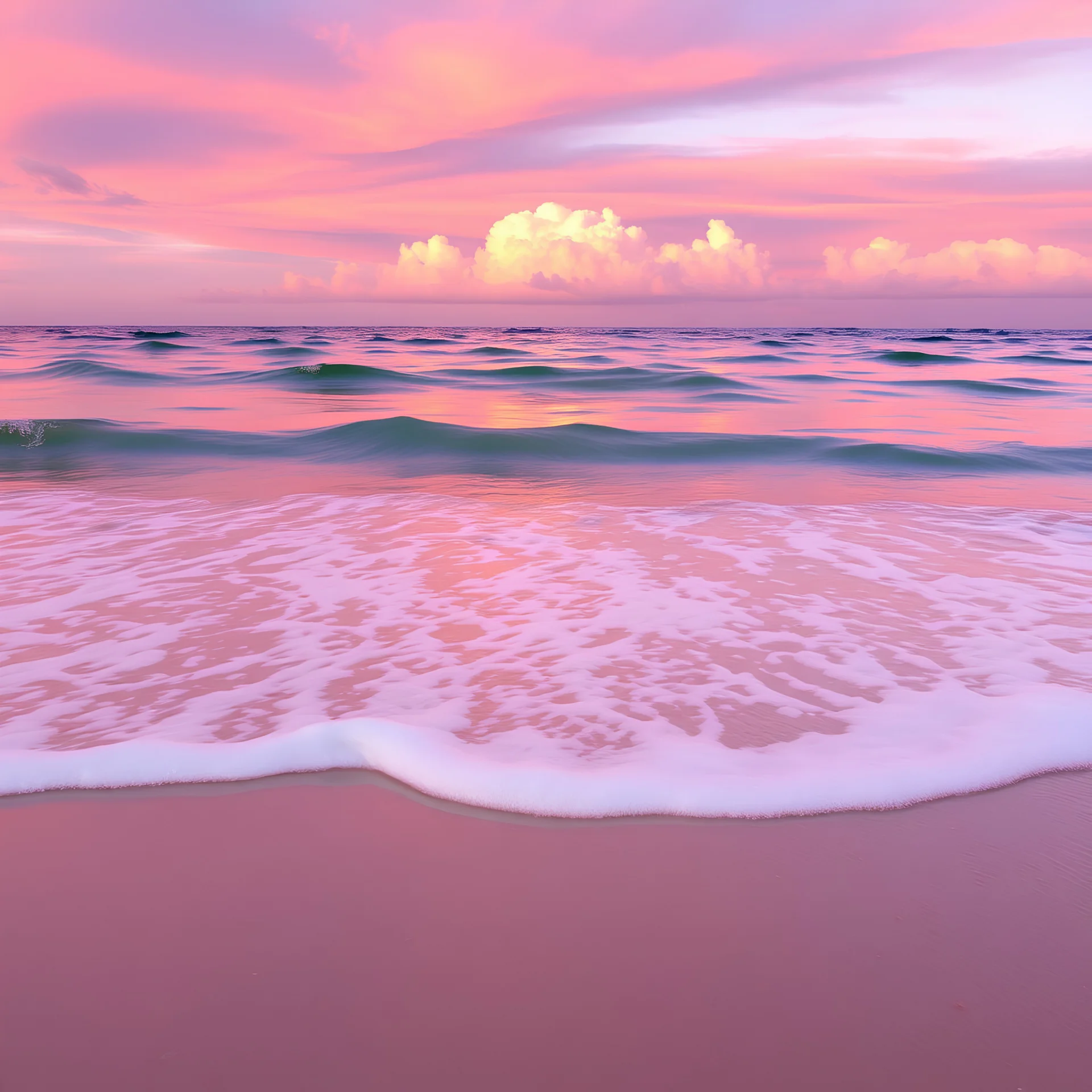 a serene and picturesque seascape, likely captured during either sunrise or sunset. The scene captures a tranquil moment by the sea, with the sky illuminated by warm colors ranging from soft pinks to deep purples. These colors reflect beautifully on the water and wet sand below. The gentle waves softly crash on the shore, creating a frothy white surf that contrasts elegantly with the pink-tinted water and sand. In the distance, fluffy clouds in shades of pink and purple are scattered across the