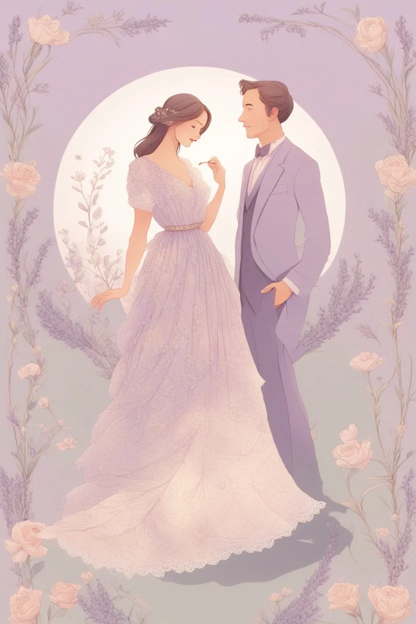 an illustration of a Beautiful woman AND MAN stands gracefully in an elegant, flowing lavender dress adorned with delicate floral patterns and lace. The backdrop behind her transitions from cream at the bottom to soft hues of lavender at the top, creating a whimsical and almost magical atmosphere. To her right, a piece of lined paper appears, as if torn from a notebook. The borders of this paper are embellished with beautiful flowers, by Ryohei Hase, Agnes Cecile, Raymond Swanland, Anne Bachelie