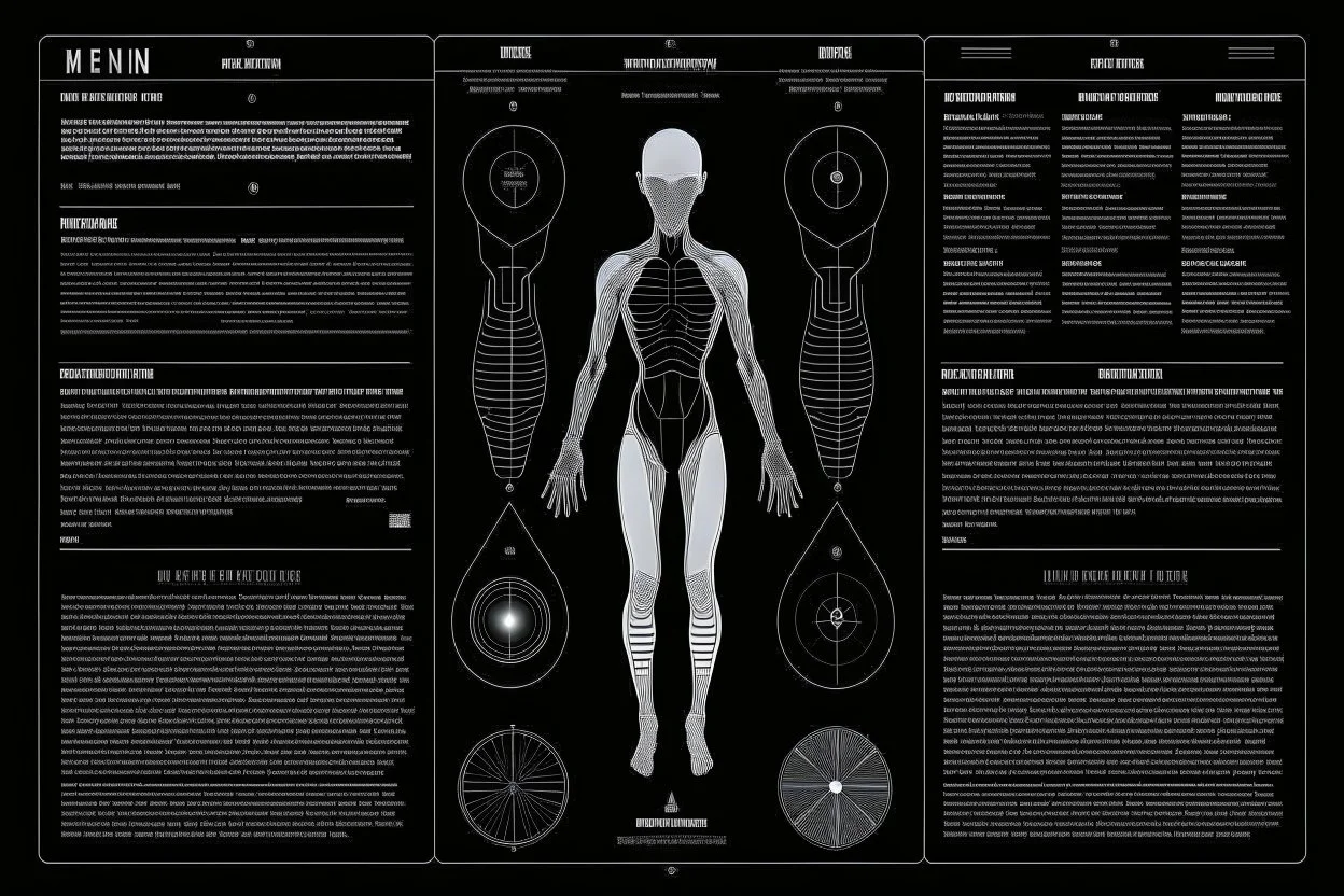 Minimalist infographic about human being, alien-made, extraterrestrial design, clear and legible text, text-heavy, black grainy background, big text, strange glyphs, high quality, minimalist, alien design, clear and legible, infographic with extraterrestrial layout, detailed text, minimalist design, professional