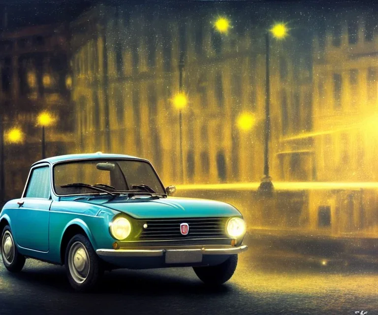 fiat 125p, city. high speed. bokeh. lens flare. warm lights. high detailed. oil on canvas