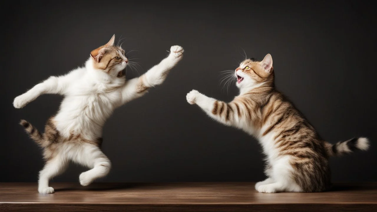 Two Funny cats on the dark wood table fighting