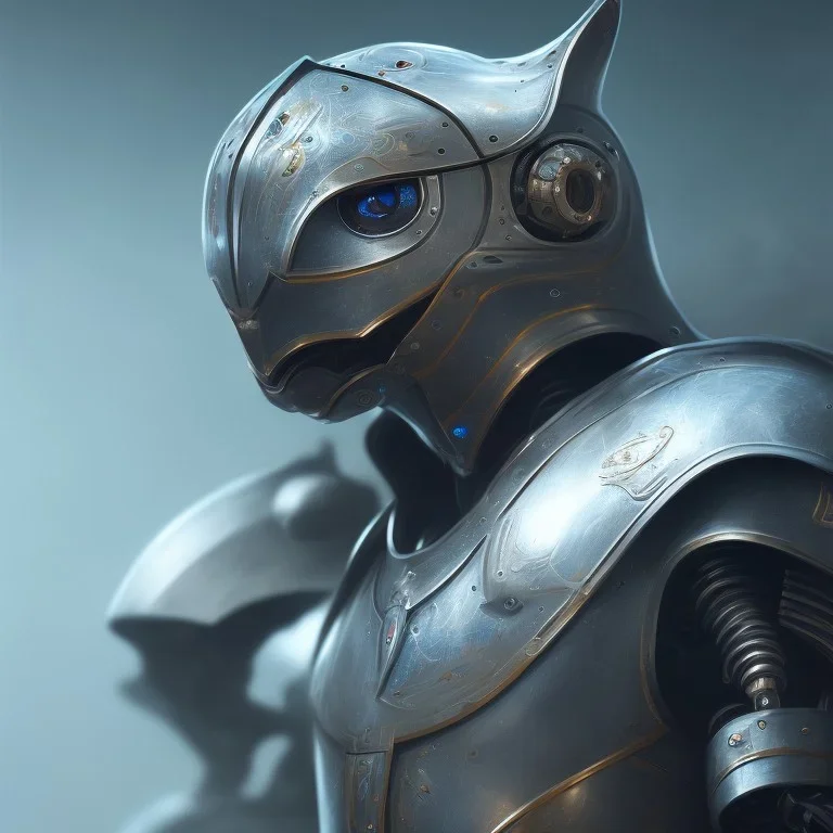 a cat-like robot with blue eyes wearing a medieval armor, high detail, photo, 8k, ray-tracing