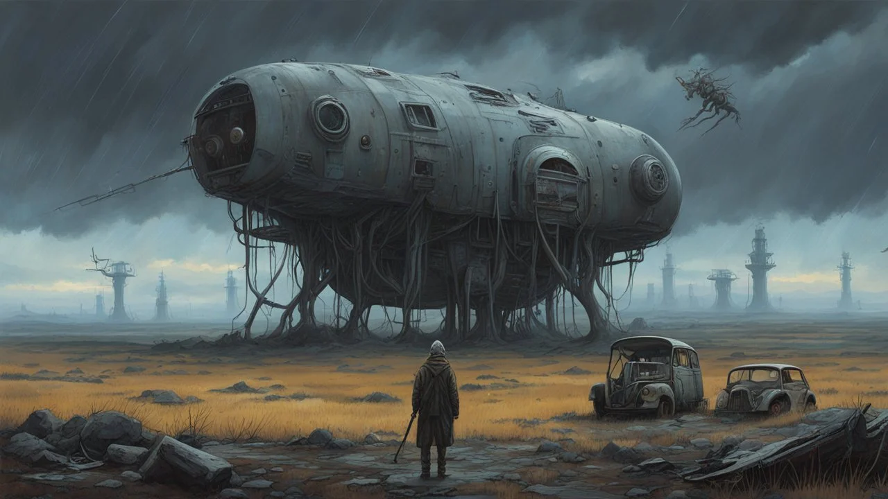 Strange surreal world, odd people, post apocalyptic horror, pop surrealism, harsh landscape, science fiction painting, ((Simon Stålenhag, Denis Sarazhin, Alex Colville, Christopher Shy, Romain Trystram, Quint Buchholz)), ominous sky, retro-futuristic horror anthology, (strange creatures), strange, RAW, gritty, high contrast, techno analog gothic, grim overtones, ominous sky, vivid, textured, grim, nightmarish art, ambiguity, surreal juxtaposition, low fi concept art, lowbrow