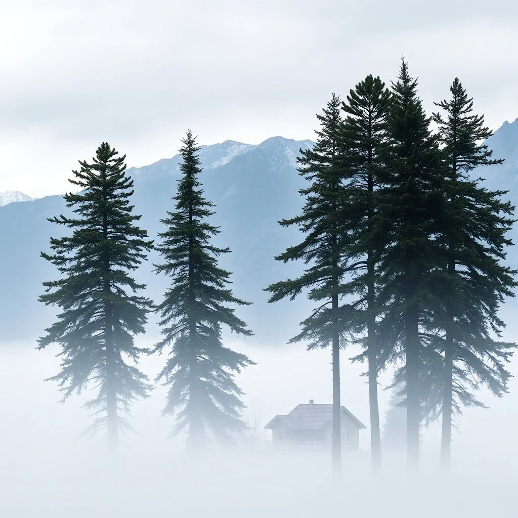 A photo of a group of fir trees and high mountains in the distance. A lake. House. Odd dark person. Fog is present.