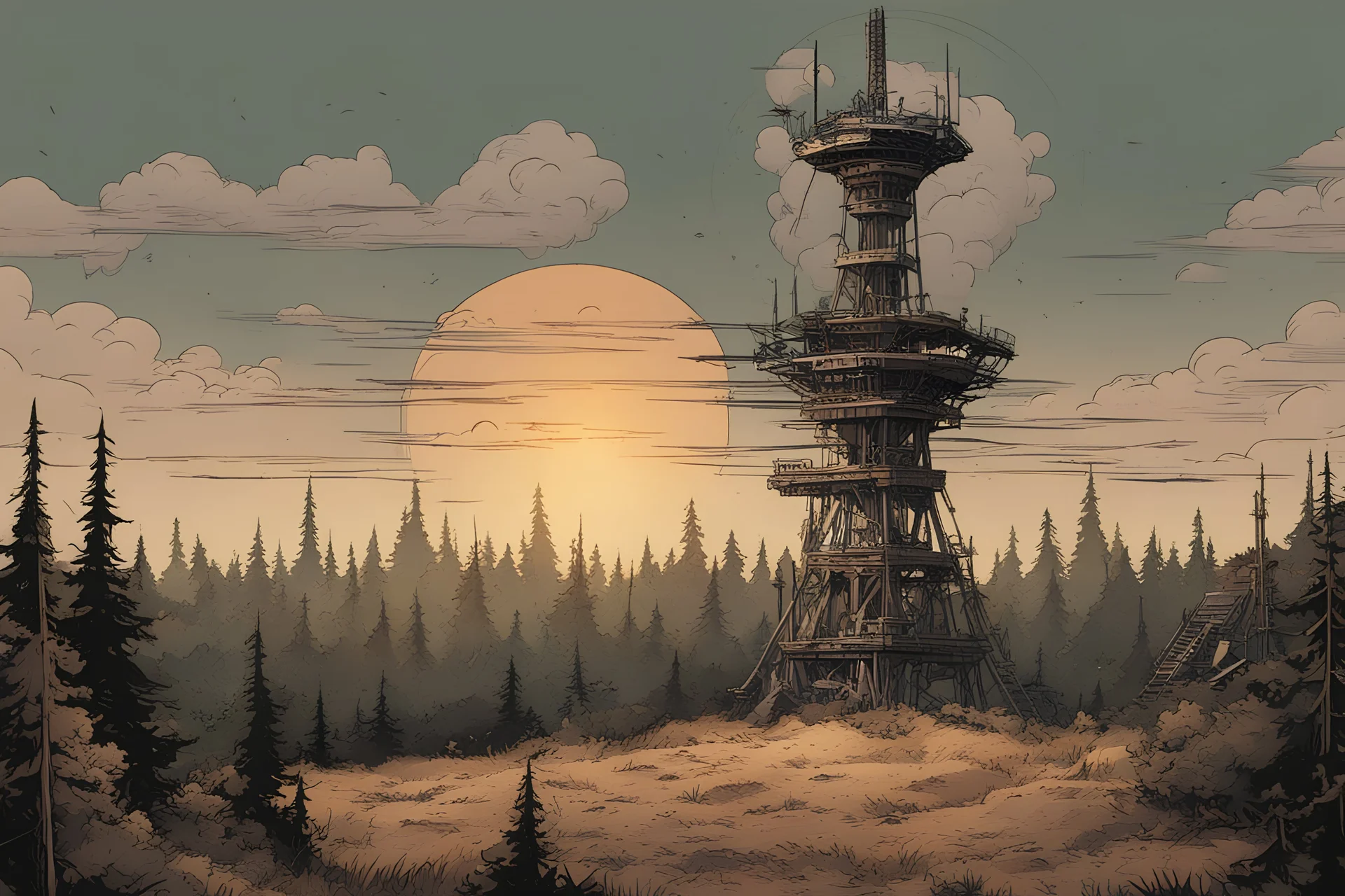, radio tower,post-apocalypse, comic book, forest