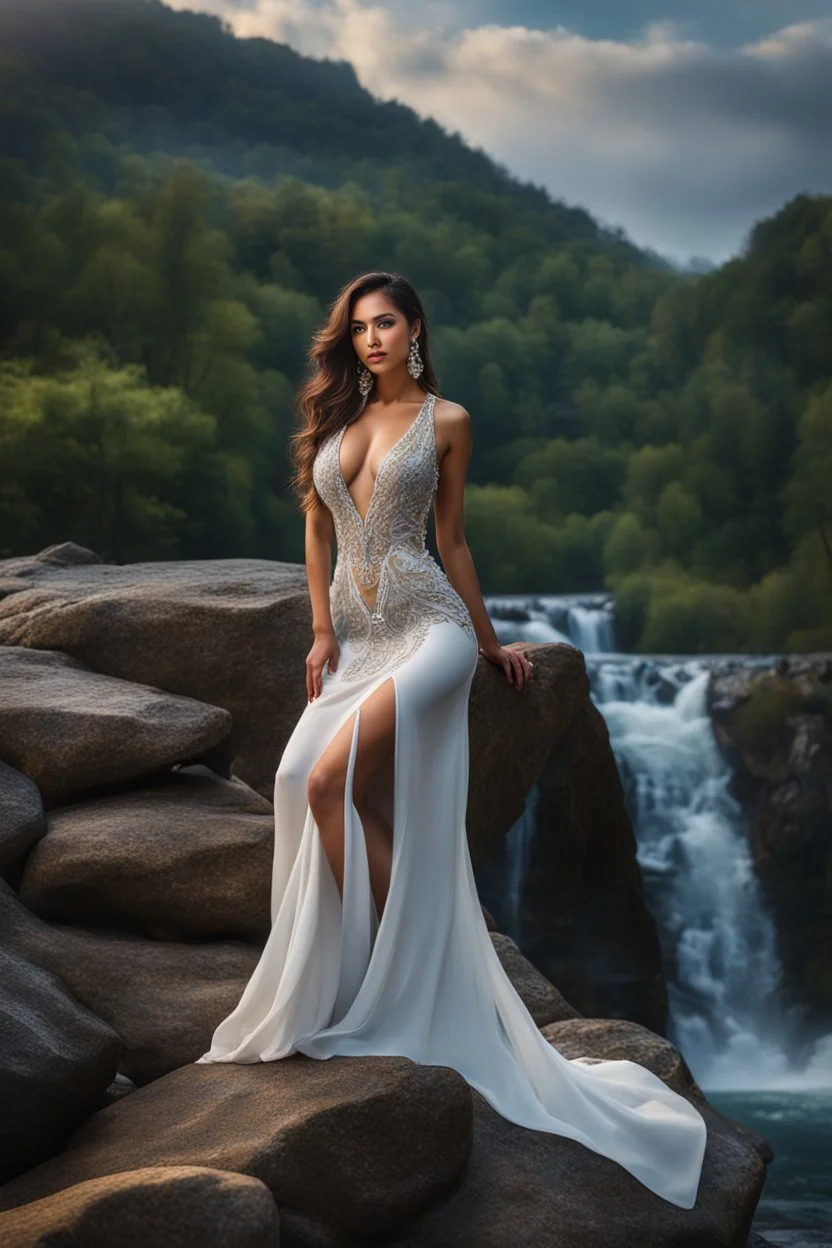 full shot body photo of the most beautiful artwork in the world featuring model, happy mood, High Detail, dramatic, photo realistic, ultra sharp, ultra hd, hyper realistic, ultra realistic, ((((dress)))), trending on artstation, sharp focus, studio photo, intricate details, highly detailed, standing in nice pose in country side with river ,water fall ,rocky valley,mountains at background, pretty clouds