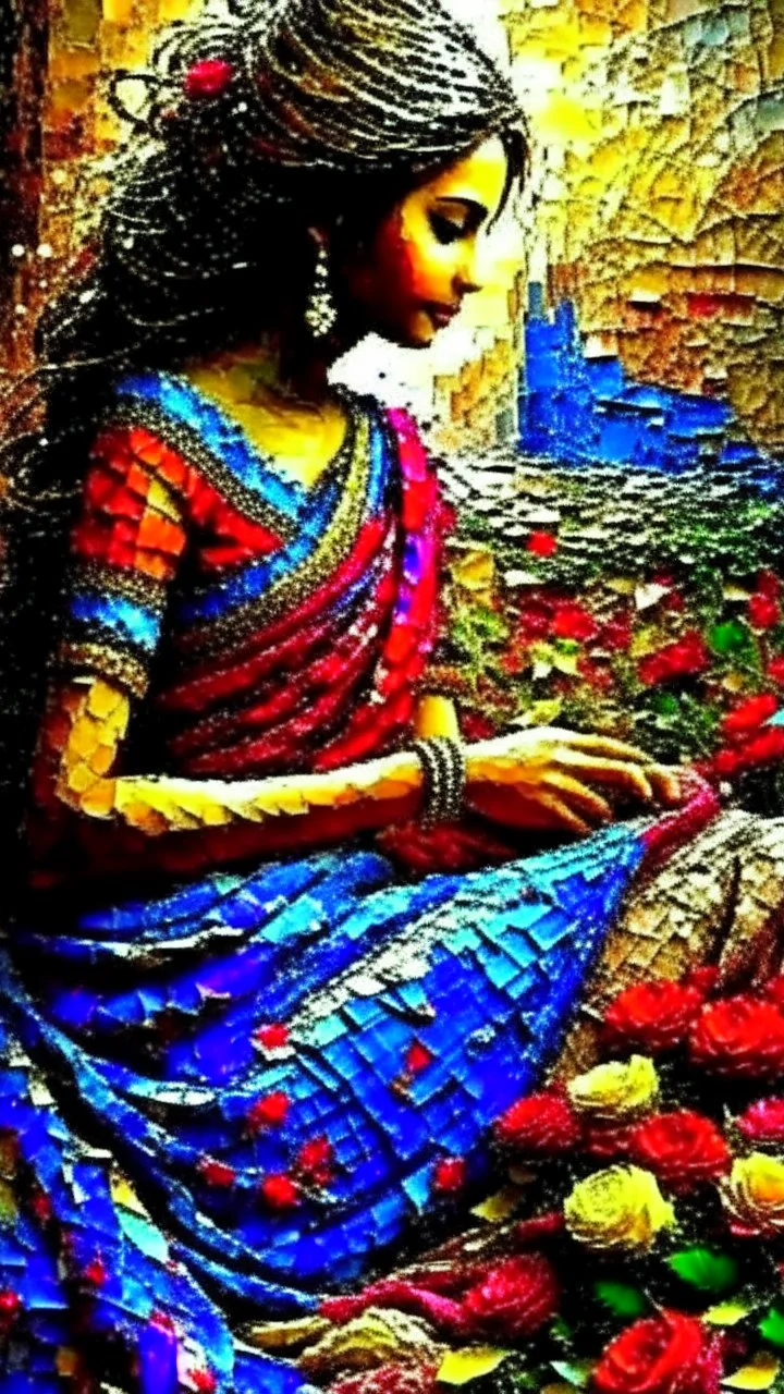 Bosch painting style "Midnight Serenade unique" low view angle shot down sunset large close up a beautiful street with colorful wild flowers on both sides , granite terrazzo motifs with puzzle modern , clothing is decorated with colorful filigree abstract, Collage chutes papiers magazines,Spirograph background by Nisa Kiley, Textile Artist،