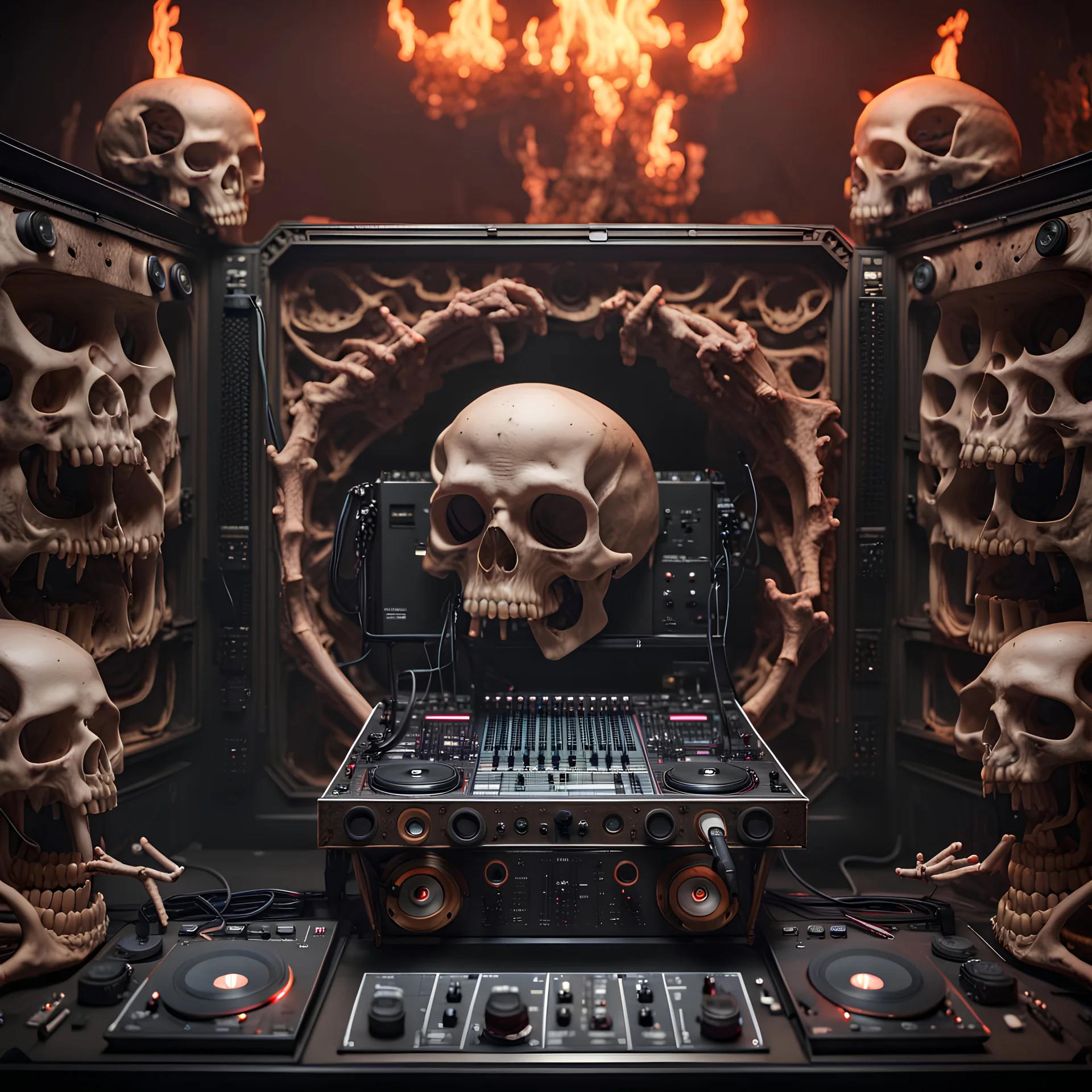 DJ of the damnded, insanely detailed DJ booth in hell, MID set, speakers and equipment made of bone, anatomically correct, add more skulls in th audience, photorealism, vray, 8k 3d