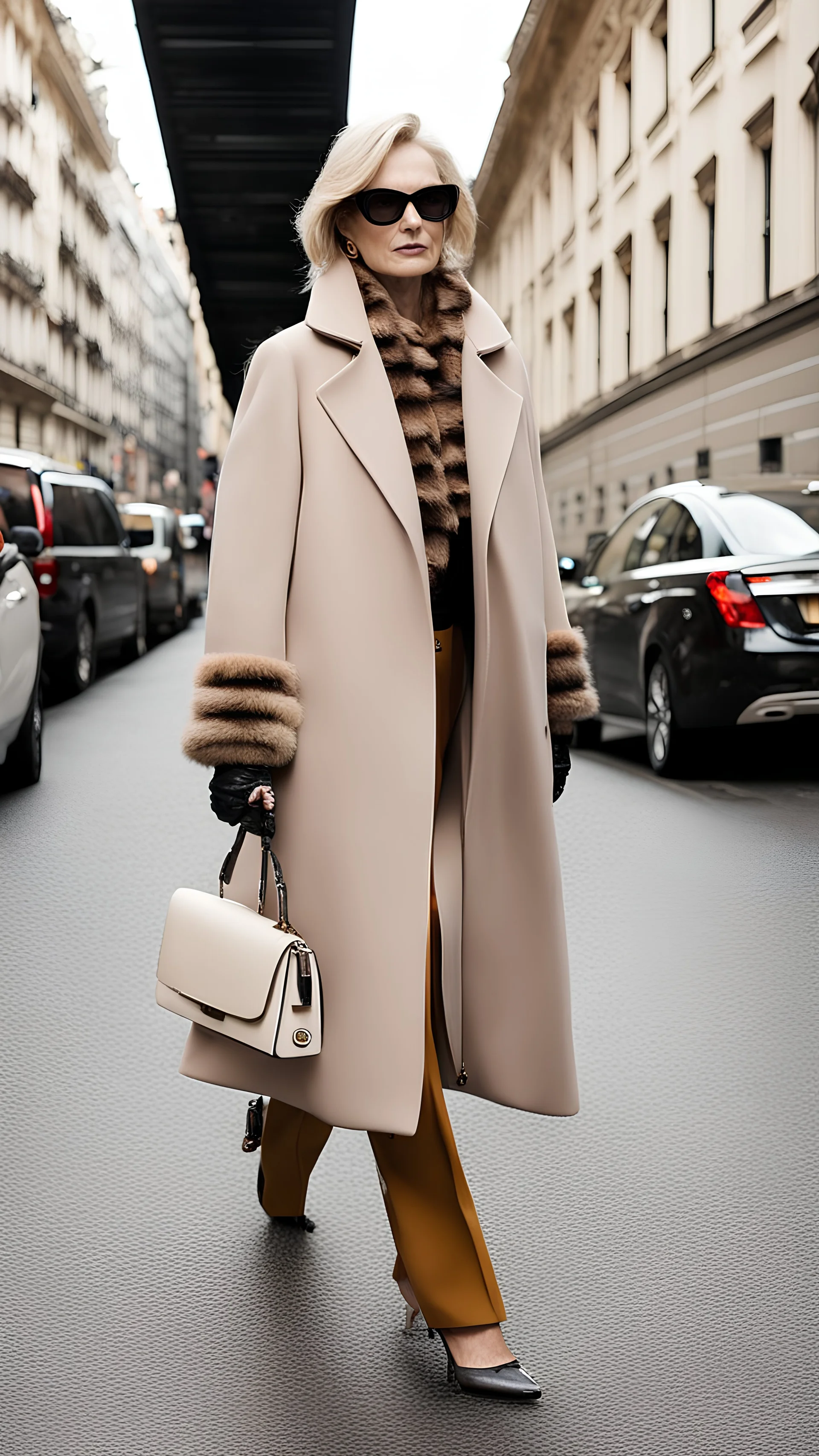 Fashion show walk onto the street. Mature women after 40+. Size XXL. Fendi Coat Jacket