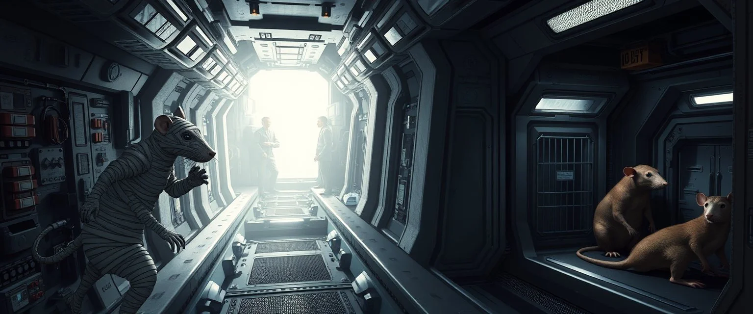 3️⃣ Early Ship Life "Three parallel strips inside the spaceship. Giant mummy rat moves along the left hull maintenance strip, alert and calculating, bandages slightly frayed from movement. Engineers and medics work in the middle and right strips. A caged rat sits silently in a storage room, and a stasis pod hums in the background. Lighting dramatic, shadows deep, expressive eyes on the rat."