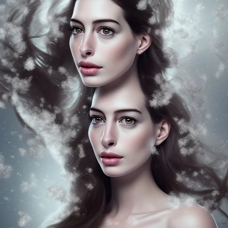 portrait only a wonderfull Anne Hathaway, viking fantasy, big curves, voluminous long black hair, snow flakes particles, 55 mm