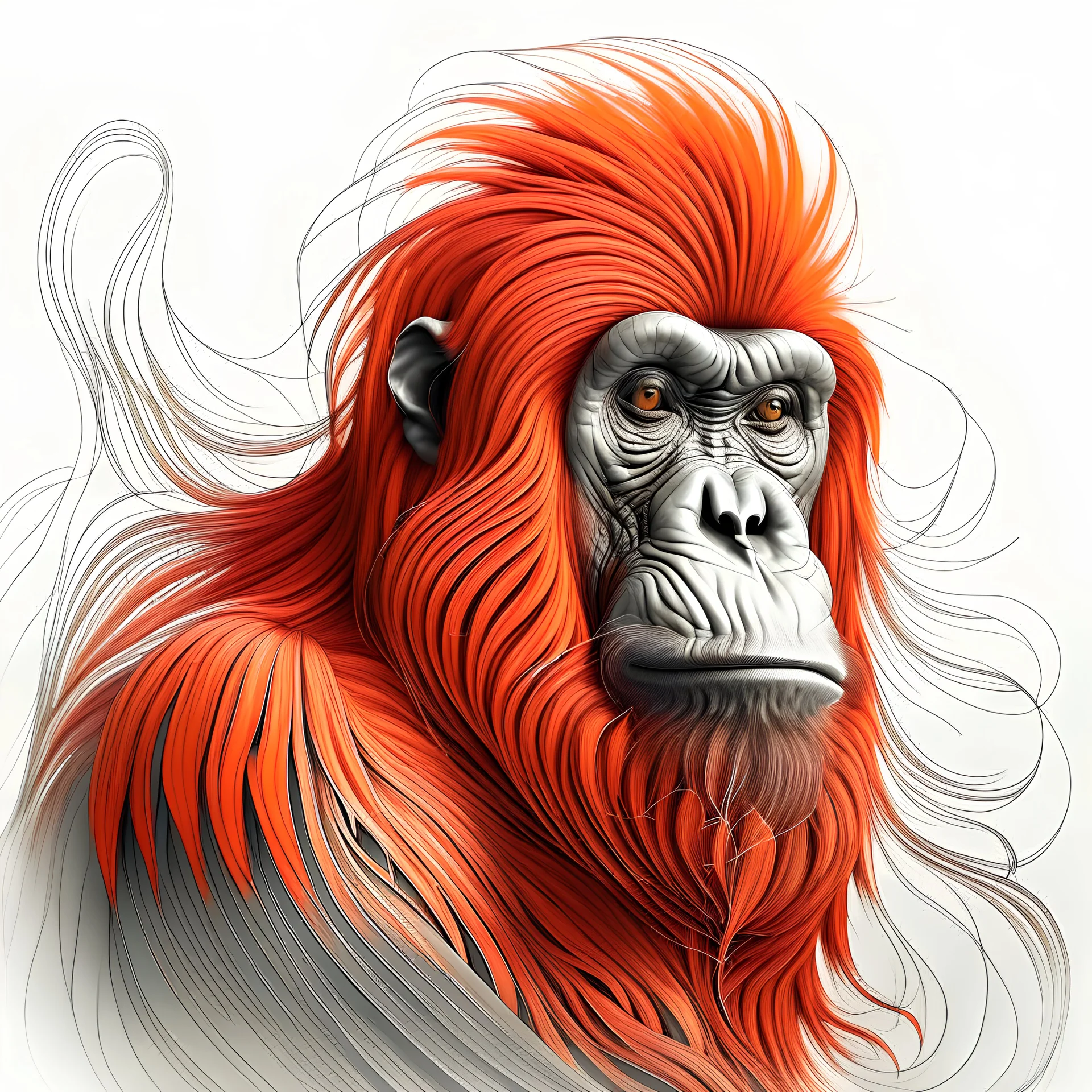 Stunning Line Art Orangutan with hair of orange red Fire