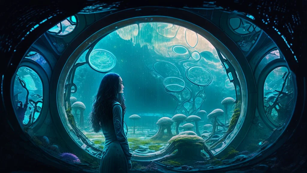 woman standing inside the interior of a ruined alien spaceship, with a circular window, overrun with mushrooms with jellyfish tentacles