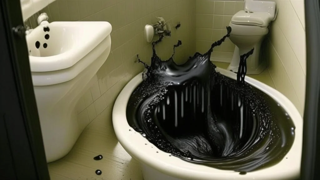 black turd starts to come out of the clogged toilet of black water and overflows into the hallway