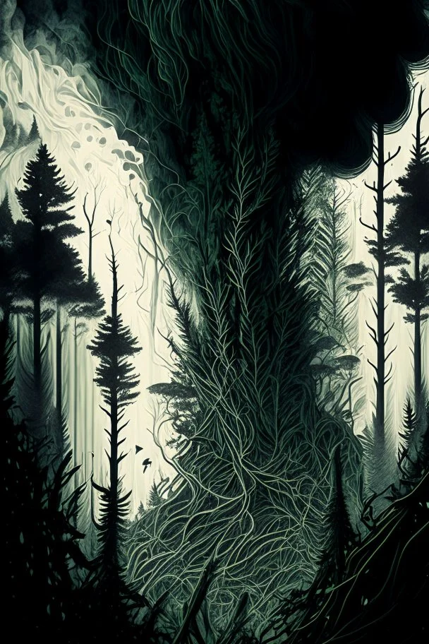 Sketch a composition where intricate smoke patterns transform into a forest of towering trees made entirely of crushed weed leaves, filling the canvas with a surreal and visually captivating asymmetrical landscape.