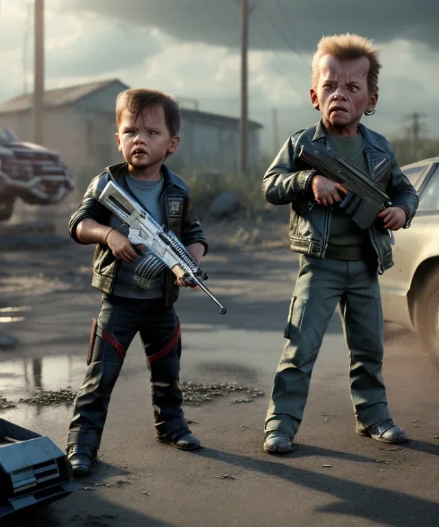 The Terminator toddler, shotgun, full body, dramatic lighting, angry, hyper realistic