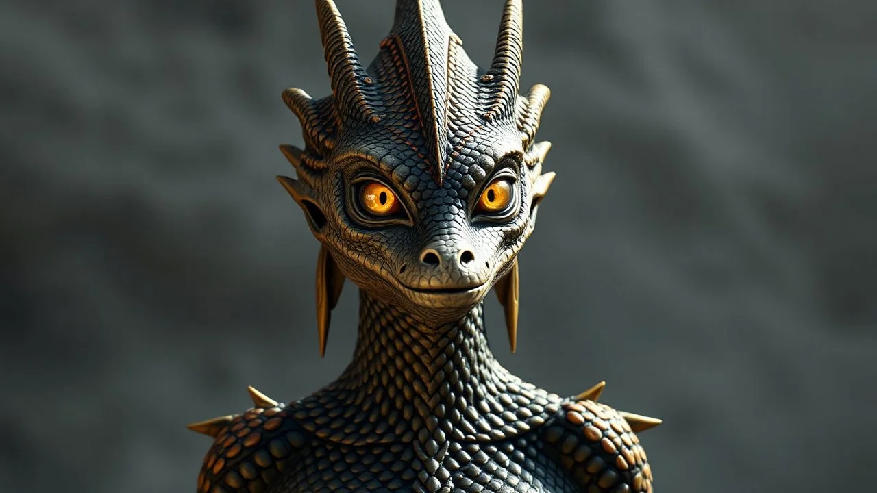 Female Argonian humanoid big golden eyes human lops golden-red-black scales realistic hoding a spire