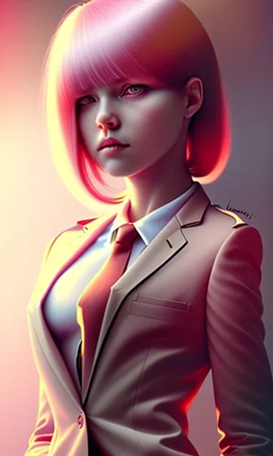 girl, cute, beautiful, pink hair, brown eyes, long hair, bangs, knife in hand, blood on face, by Greg Rutkowski, big boobs, blazer, skirt, yandere