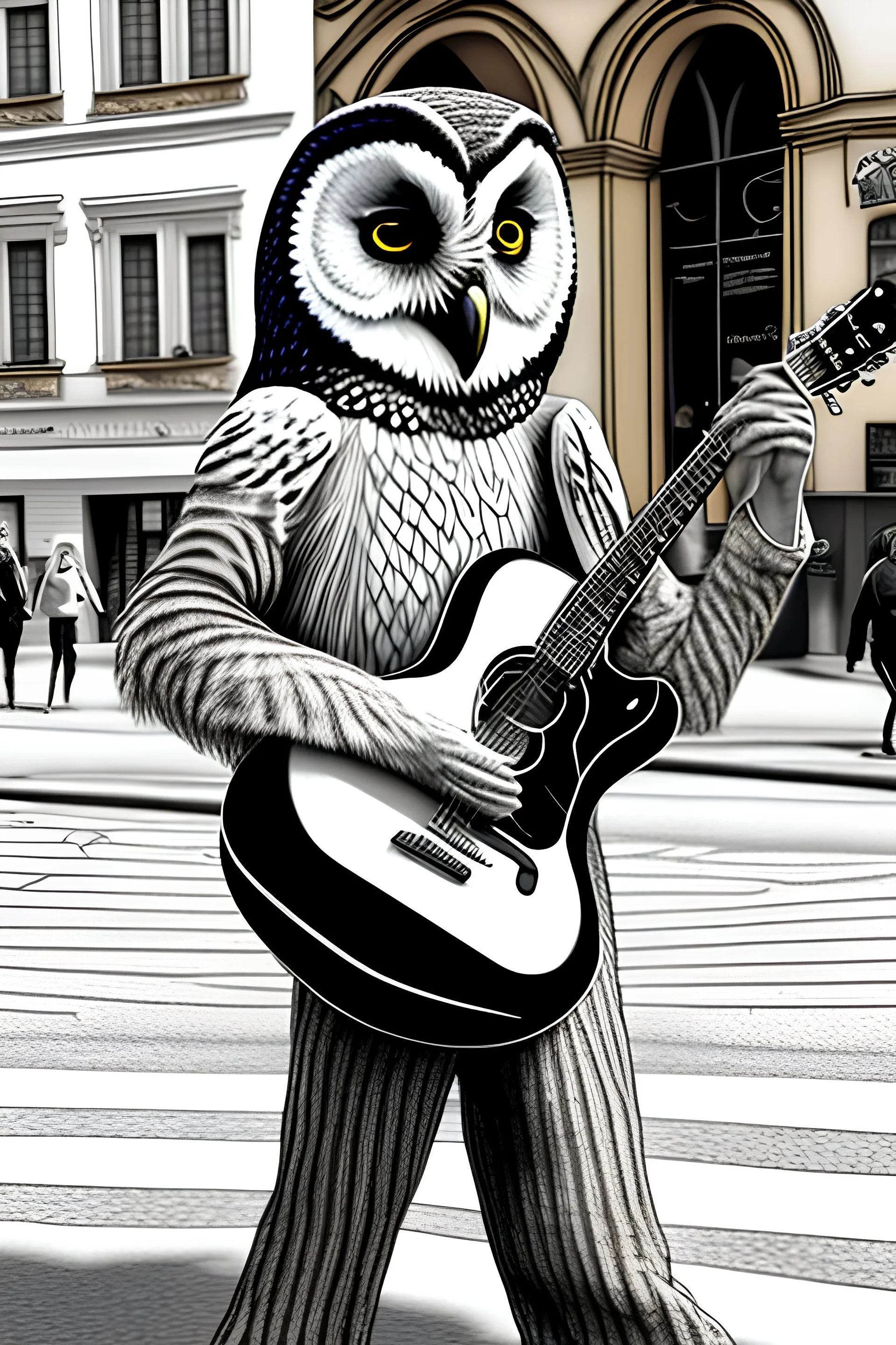 One single mature owl, playing guitar in the street , Vienna, friendly, sunny day, model style, hyper realistic, extremely accurate, delicate, extremely detailed, Graphic novel style, wide-angle, open aperture, superfine pencil