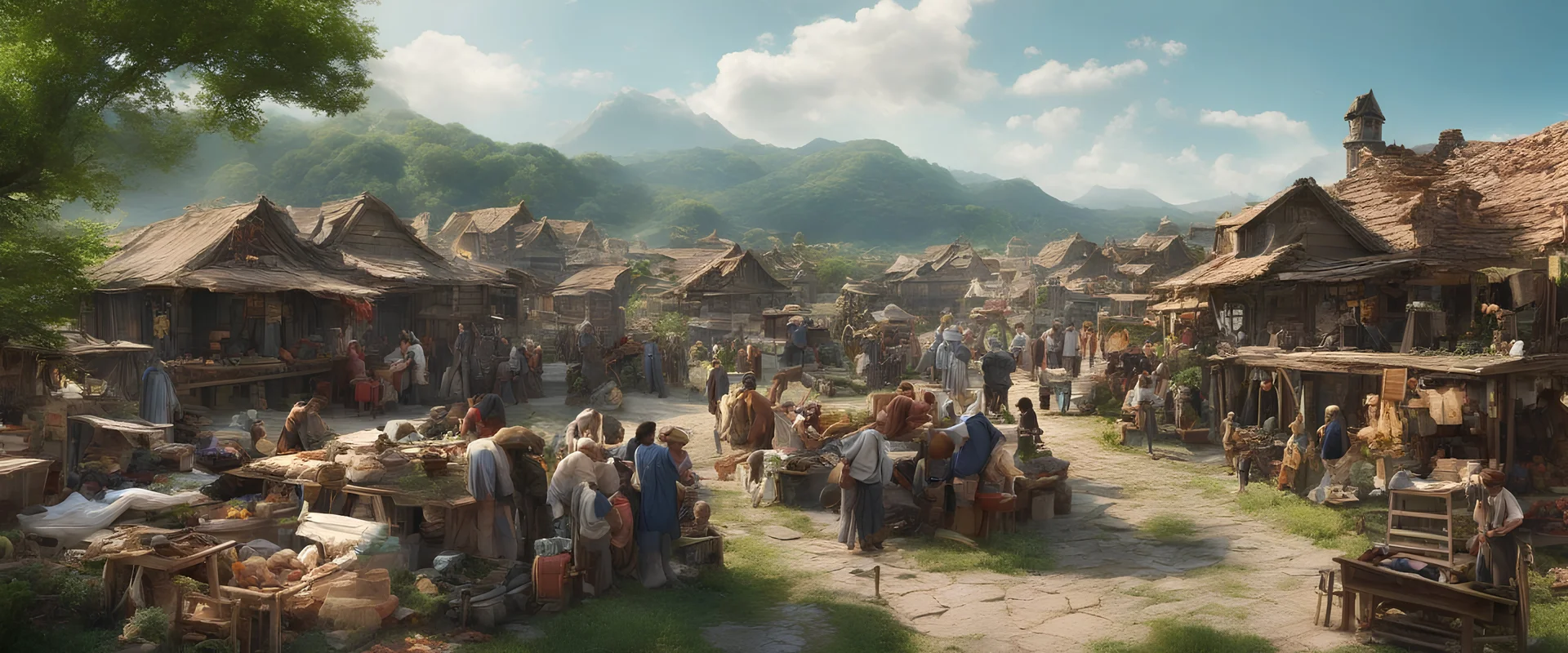 a pro-quality photo of a busy outdoor village market, with a beautiful outdoor countryside summer scene with distant hills & fields, intricate dwellings, many pathways & stairways, streams, waterfalls, waterwheel, & a beautiful sky : very high detail, epic cinematic, 8K, Large depth of field