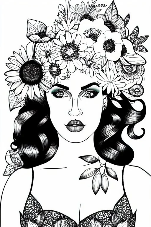 hyper detailed, black and white, thick line, coloring book illustration, lineart, stunningly beautiful woman in flowers