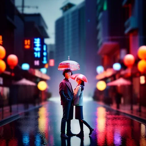 photo of a couple in an alternate universe in seoul; romantic; realistic; rain; neon signs, red balloons