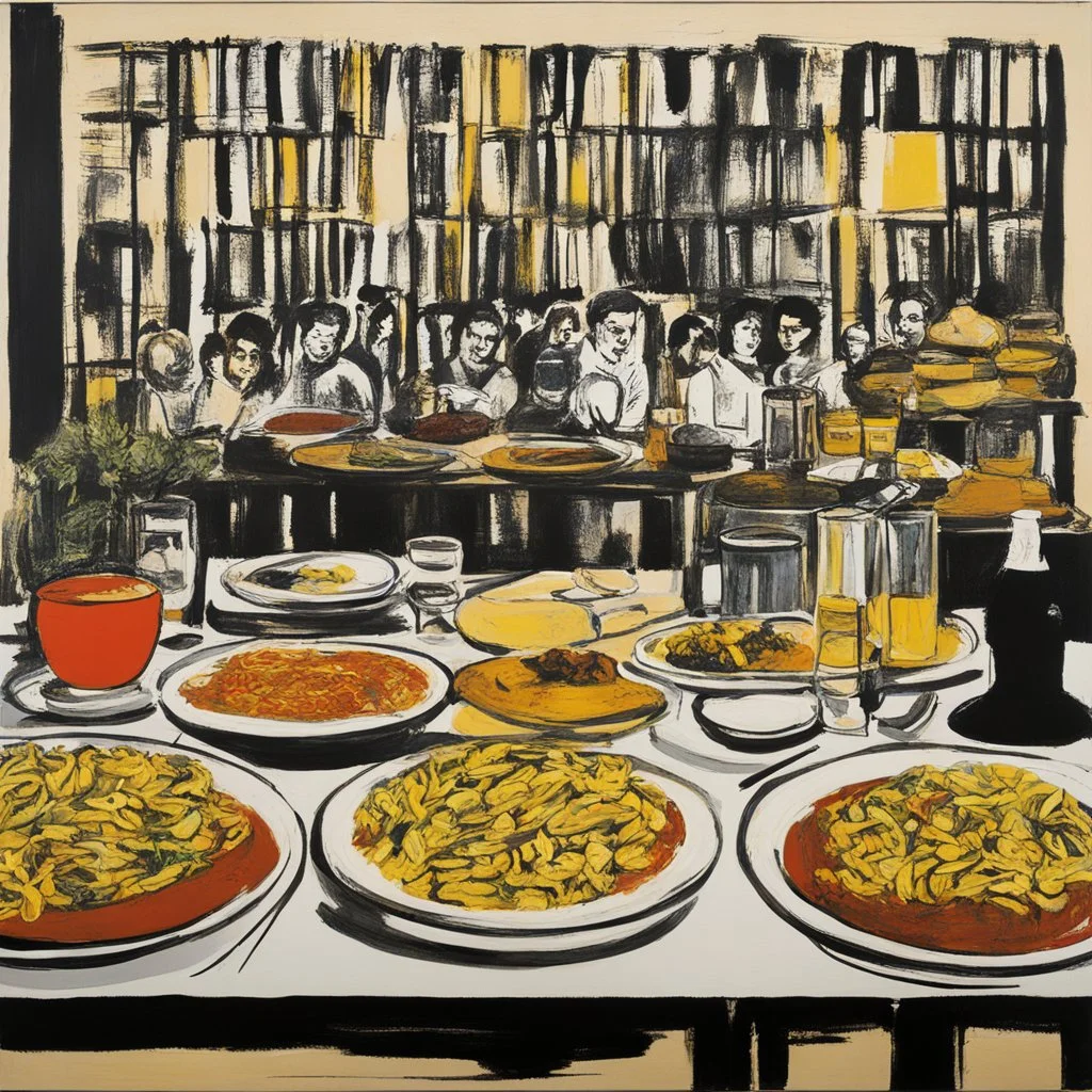 (Art by Brion Gysin), food on the table for hungry women guests, huile sur carton, 60 x 84 cm