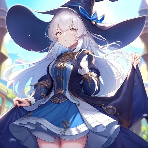 Clear focus, High resolution, medium length hair, white cyan hair, cyan eyes, wearing a witch uniform, Sighing, wearing a medium skirt